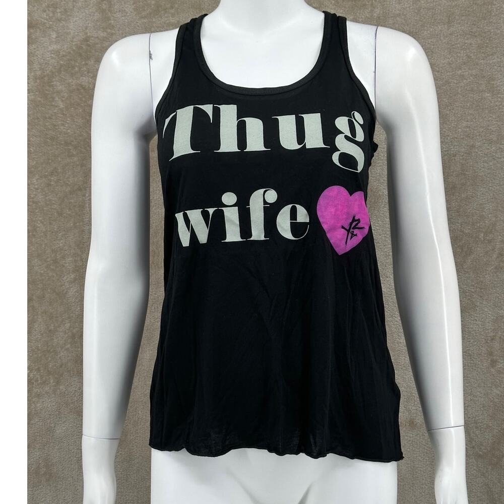 Young & Reckless Top Womens XS Black Tank Thug Wife Graphic Racerback Workout